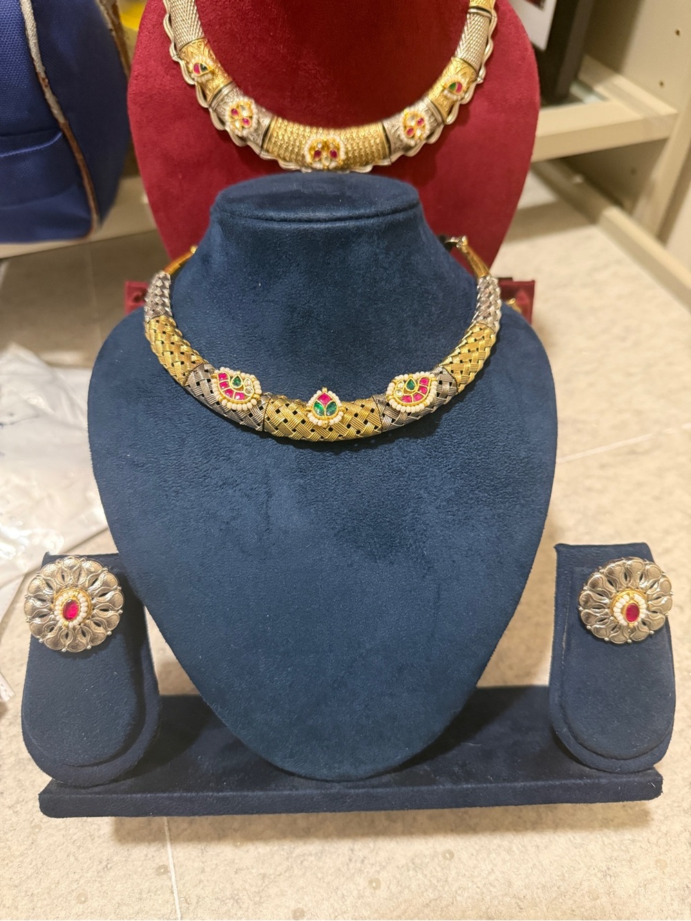 Gold-Tone Floral Gem Necklace and Earring Set - Women's Jewelry